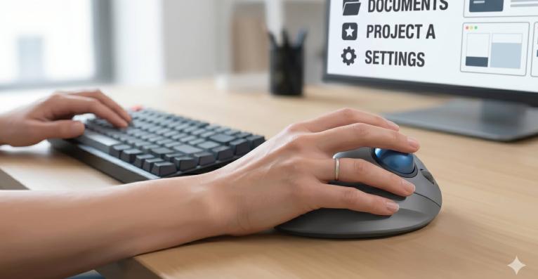 An extreme close-up photograph of a woman’s hand using a large, ergonomic trackball mouse next to a keyboard. Her focus is on a high-contrast screen with simplified, highly legible UI elements (no screen details visible). Soft, neutral lighting. Clean desk surface." 
