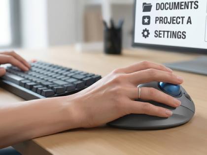 An extreme close-up photograph of a woman’s hand using a large, ergonomic trackball mouse next to a keyboard. Her focus is on a high-contrast screen with simplified, highly legible UI elements (no screen details visible). Soft, neutral lighting. Clean desk surface." 